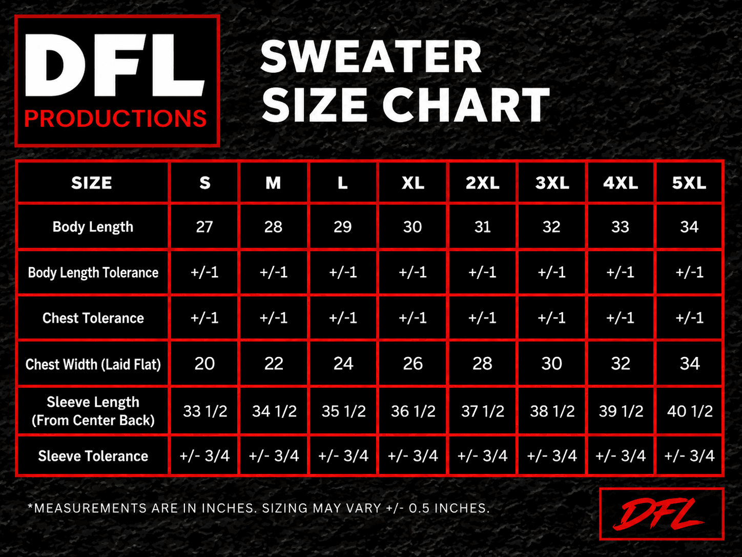 Sweatshirt Size Chart