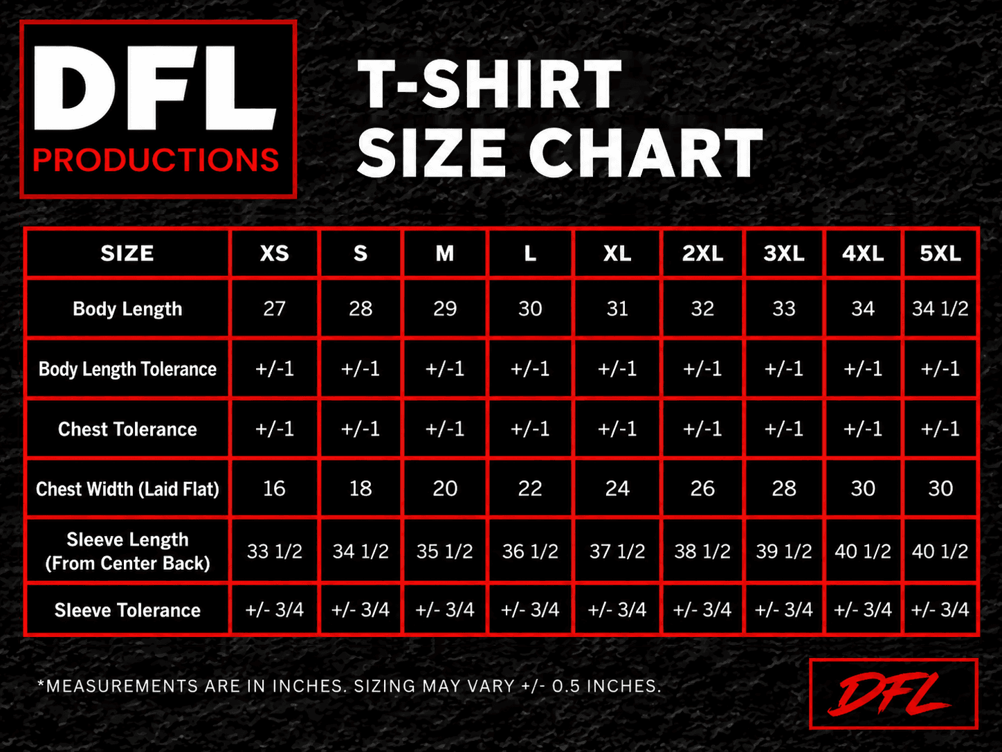 T-Shirt Size Chart